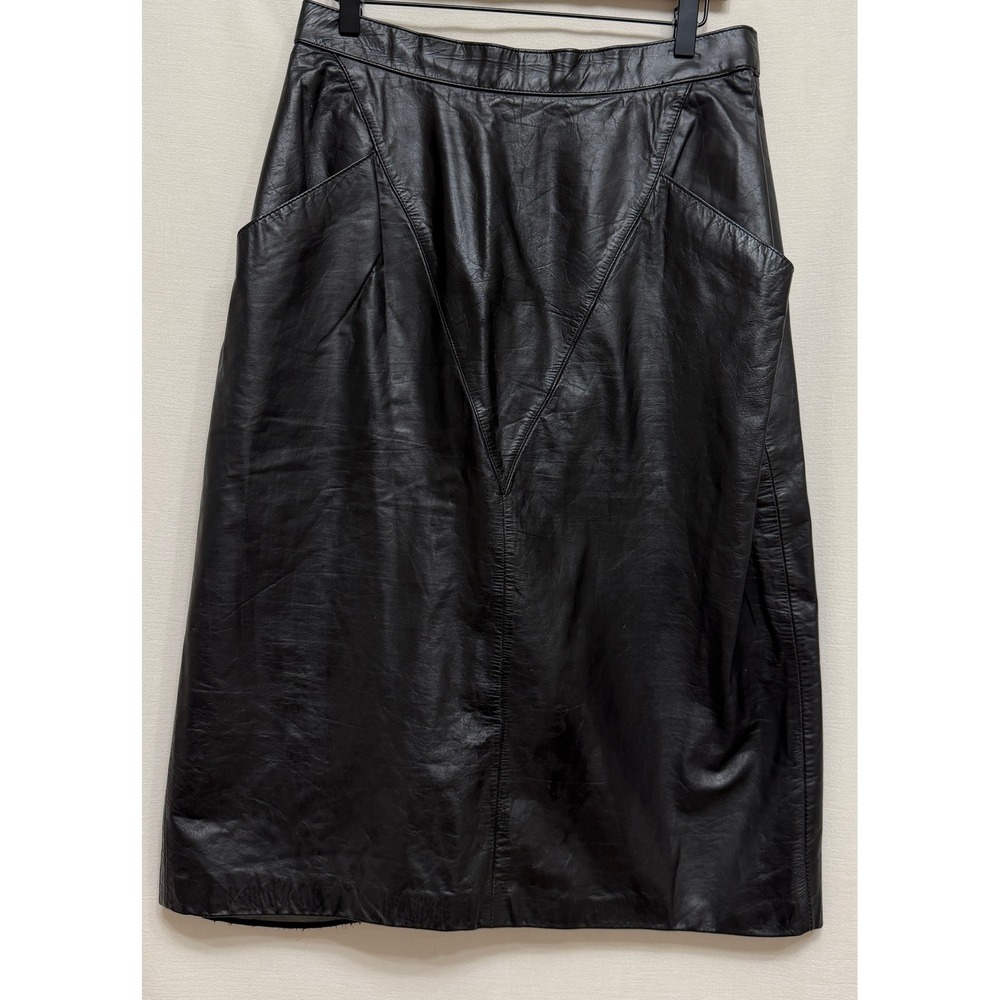 Wilsons Womens Skirt Black Genuine Leather A-Line Midi Vintage 80s High Waist 16